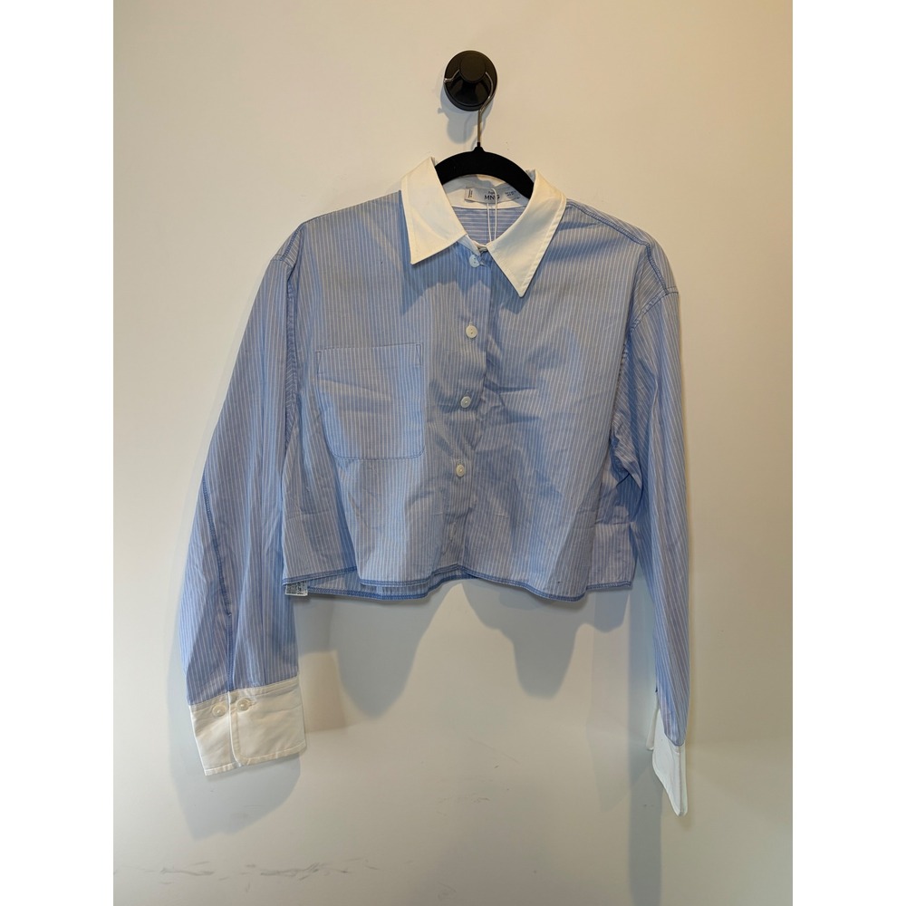 Mango MNG Blue White Striped Cropped Poplin Shirt Contrast Collar Size S NEW